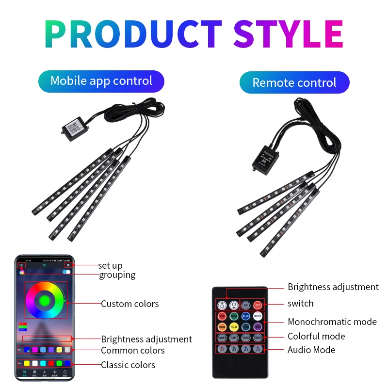 Universal App-Controlled RGB Car Interior Footwell Light Kit